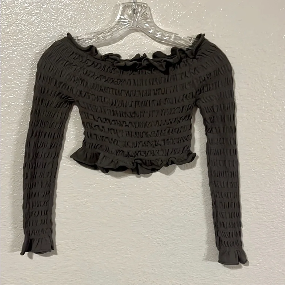 Zara Green Smocked Ribbed Ruffled Crop Blouse